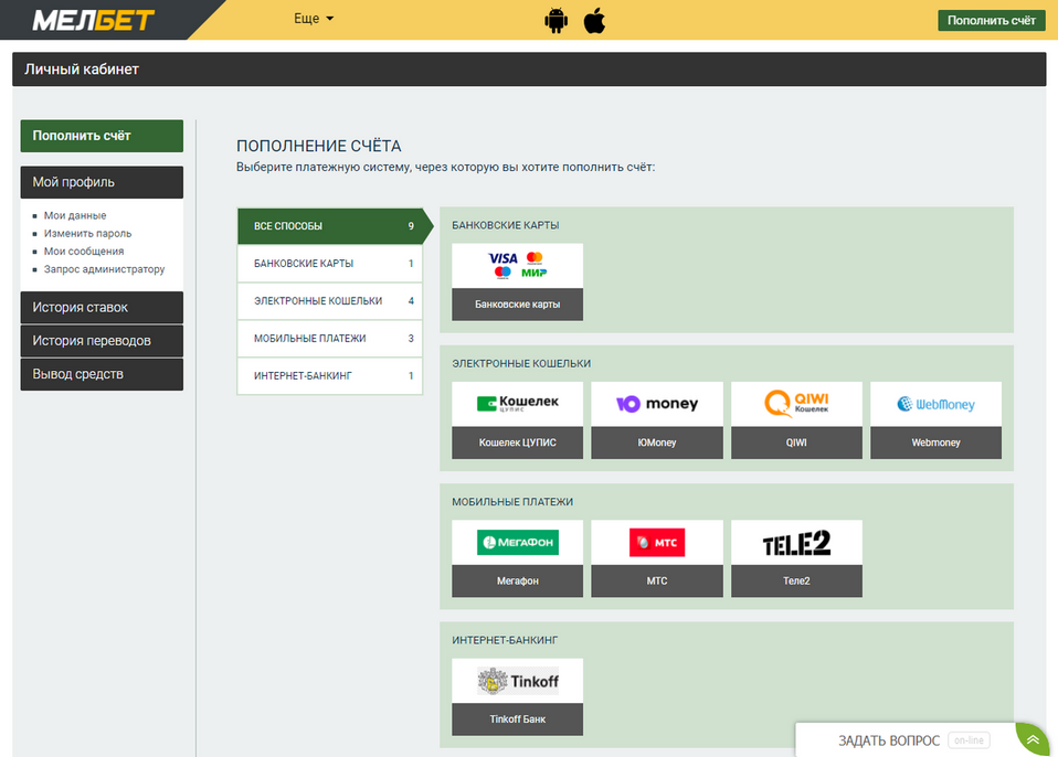 Методы оплаты в Melbet